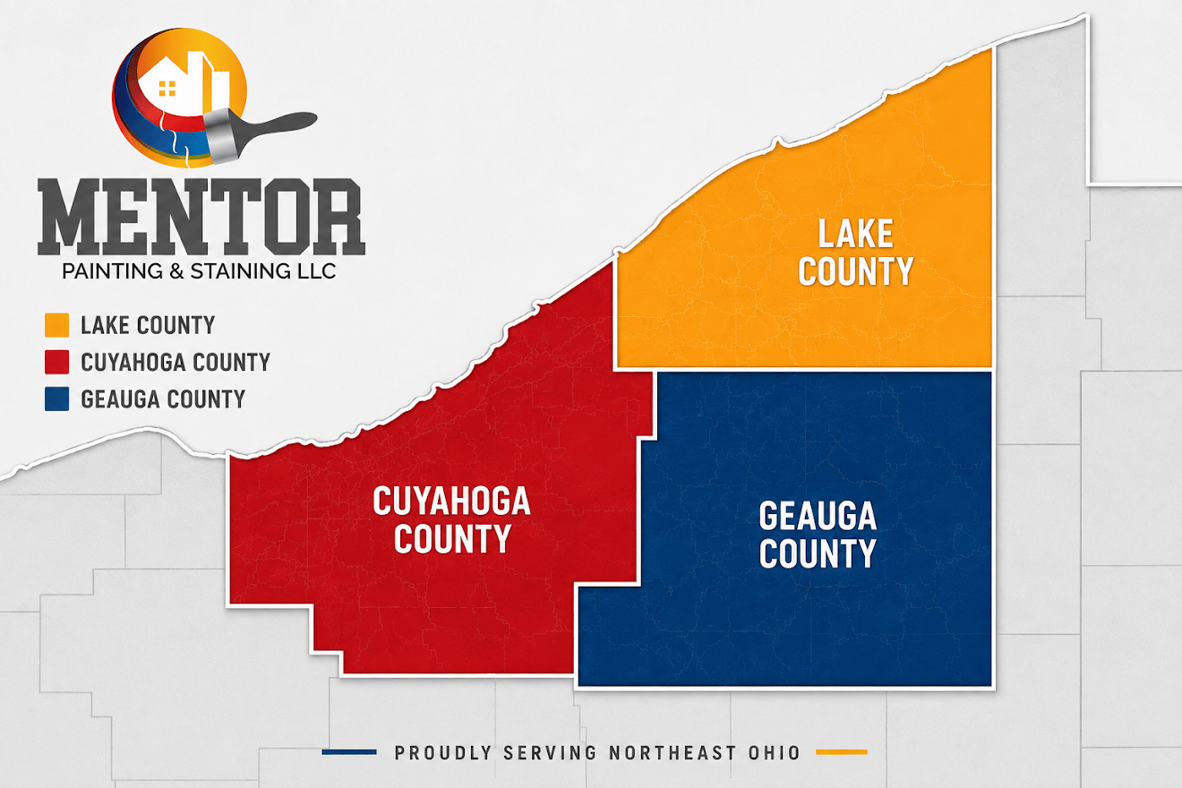 Custom map of Mentor Painting & Staining LLC's service area, highlighting Lake County, Cuyahoga County, and Geauga County β proudly serving Northeast Ohio